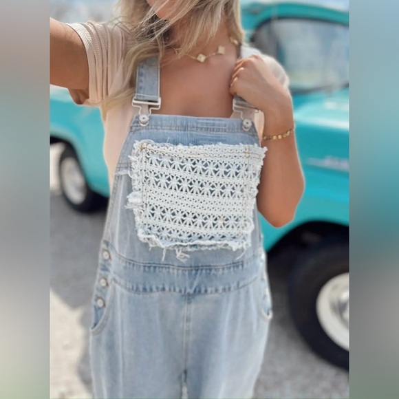 NWT POL Boho Patchwork Crochet Jean Denim Overalls - Picture 6 of 15